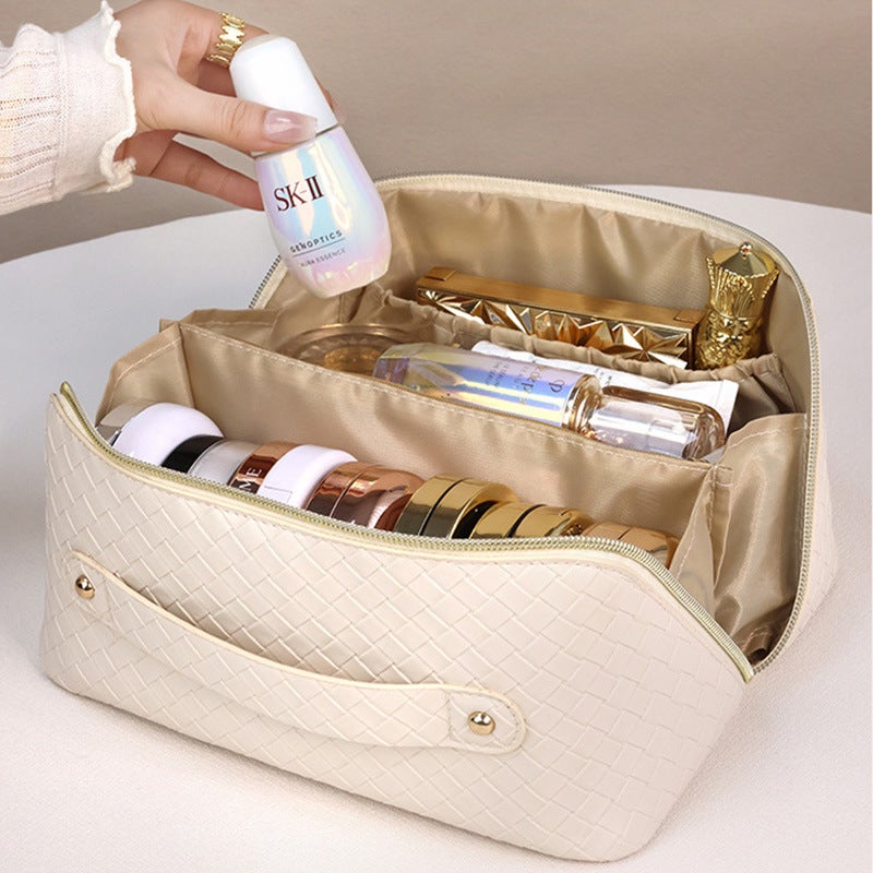 Pu Leather Cosmetic Bag Multifunctional Checkerboard Pillow Bag Large Capacity Waterproof Travel Portable Toiletry Bag - Image 2